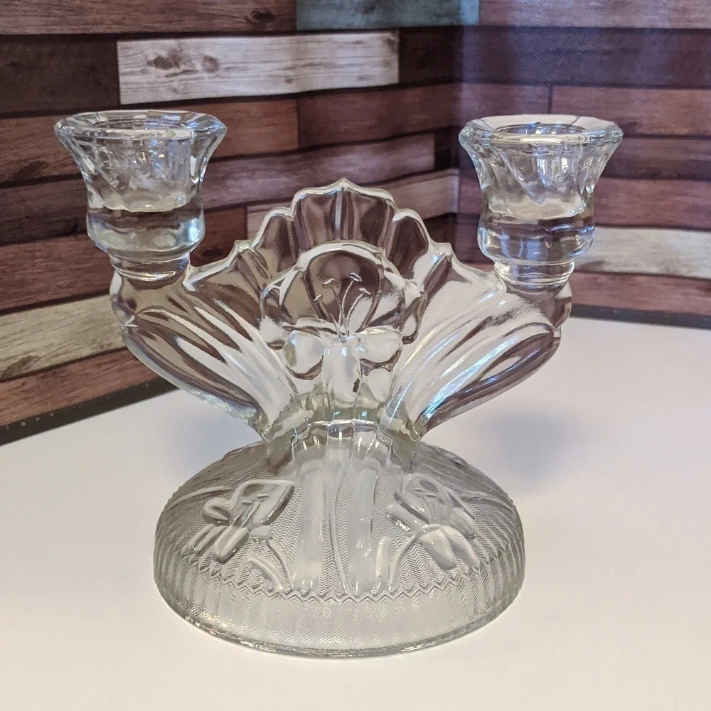 Vtg Glass Iris Herringbone Two Arm Double Candlestick 1940s MCM Cottagecore